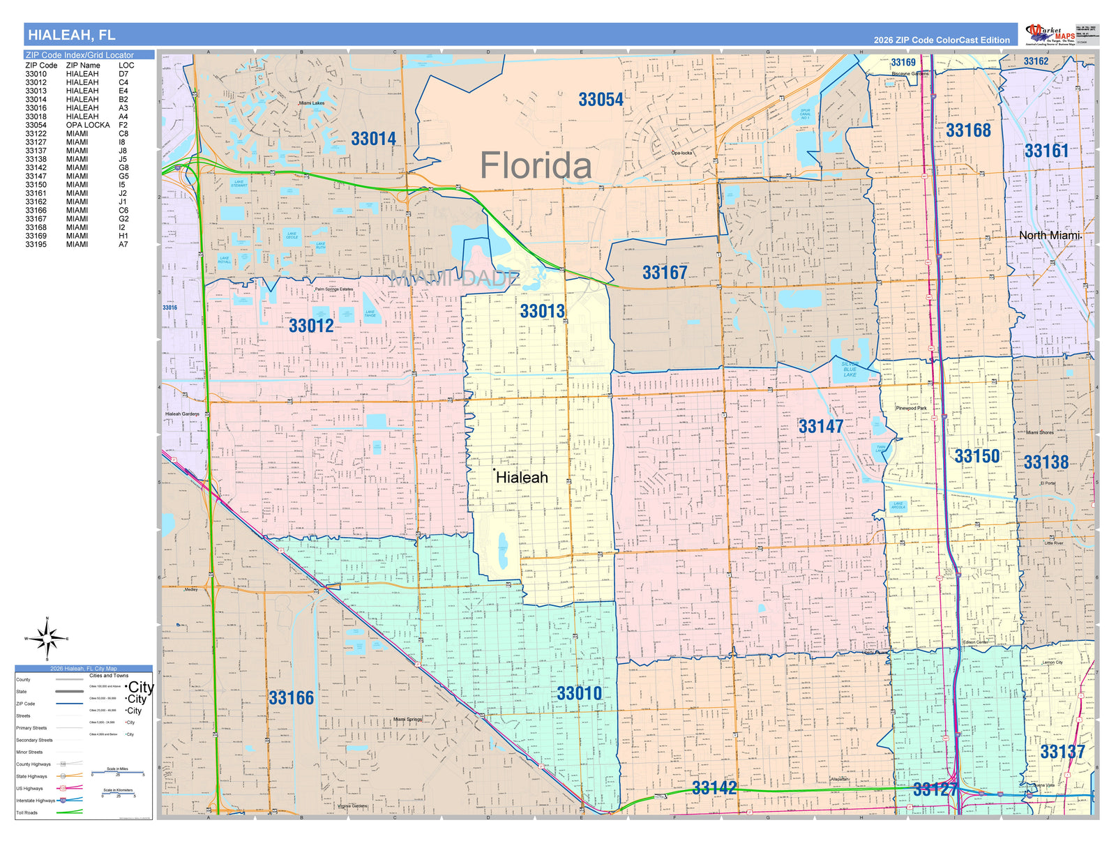 Color Cast Zip Code Style Wall Map of Hialeah, FL