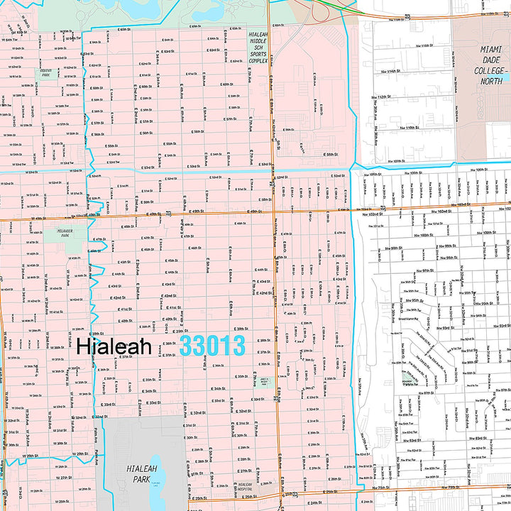 Premium Style Wall Map of Hialeah FL.