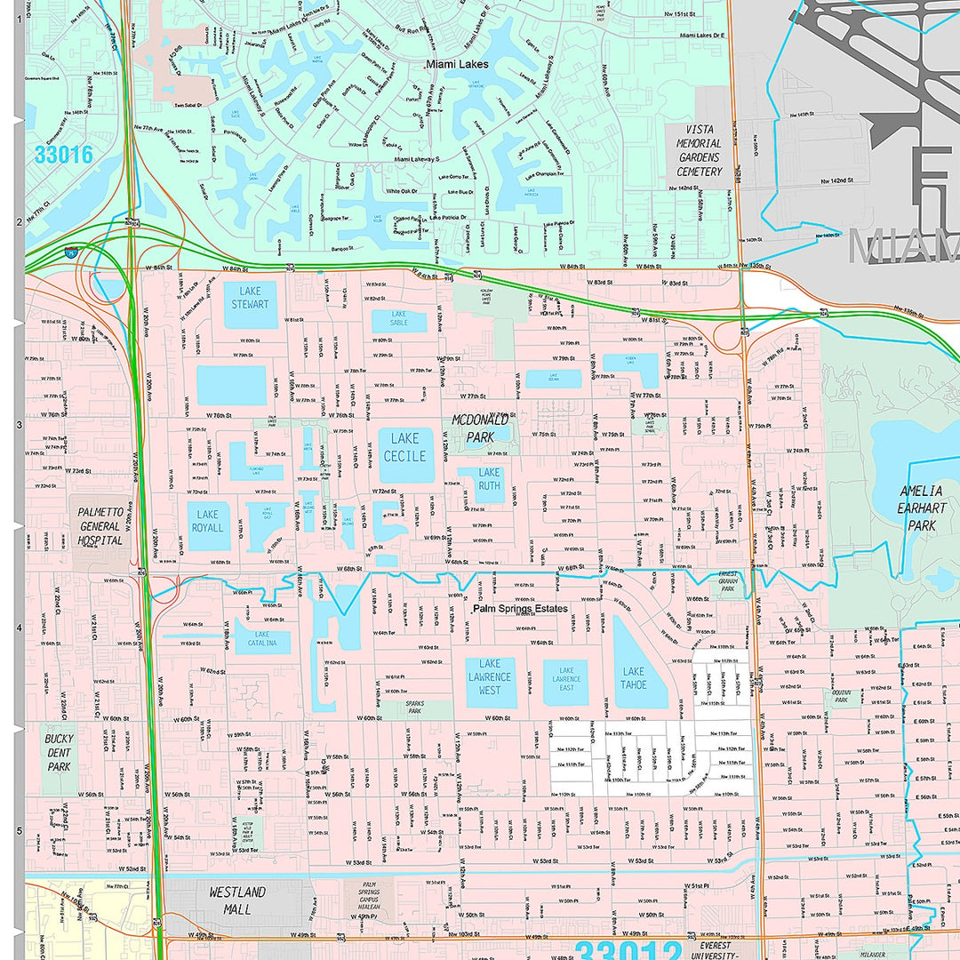 Premium Style Wall Map of Hialeah FL.