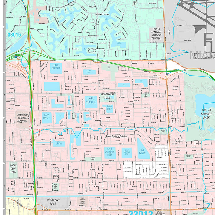 Premium Style Wall Map of Hialeah FL.