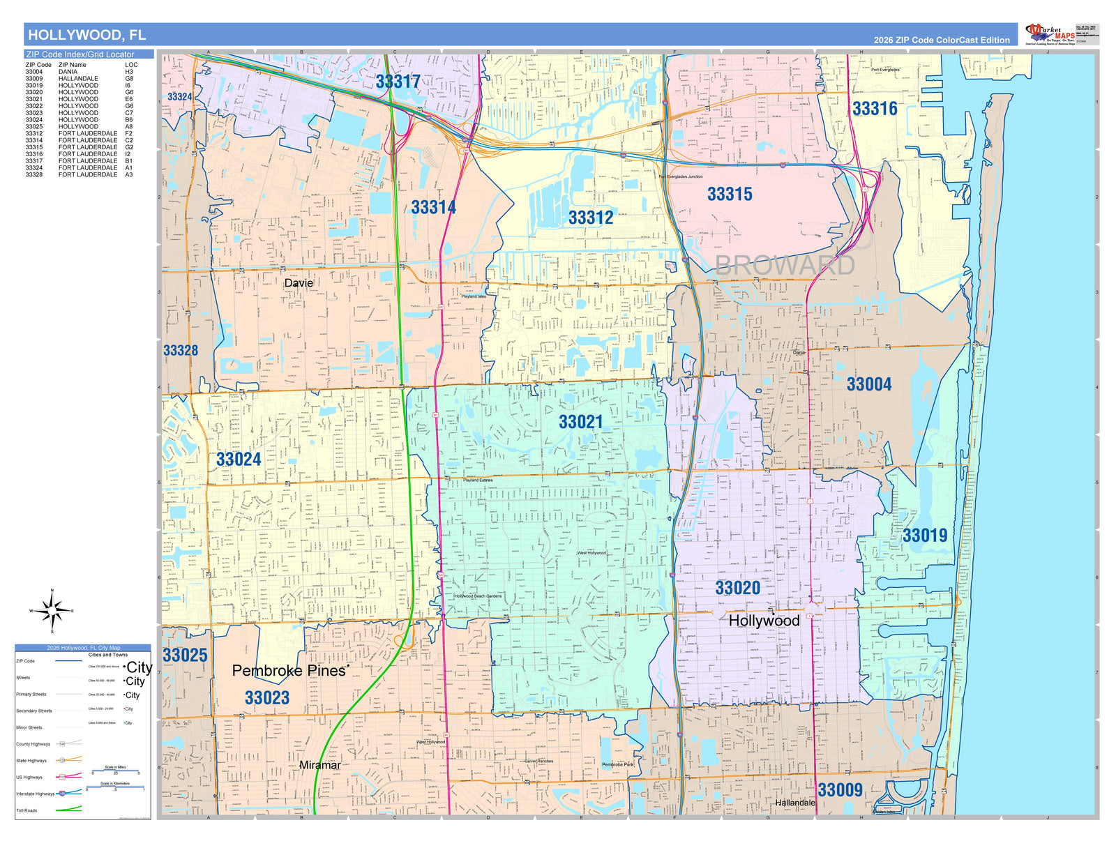 Color Cast Zip Code Style Wall Map of Hollywood, FL
