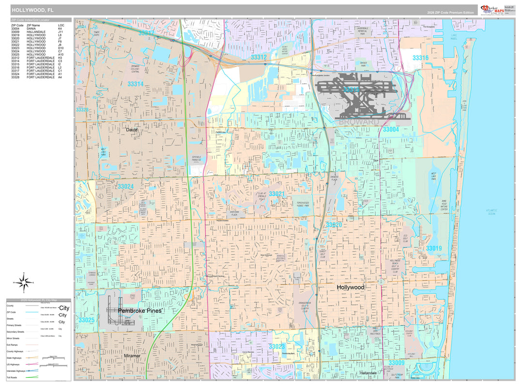 Premium Style Wall Map of Hollywood, FL