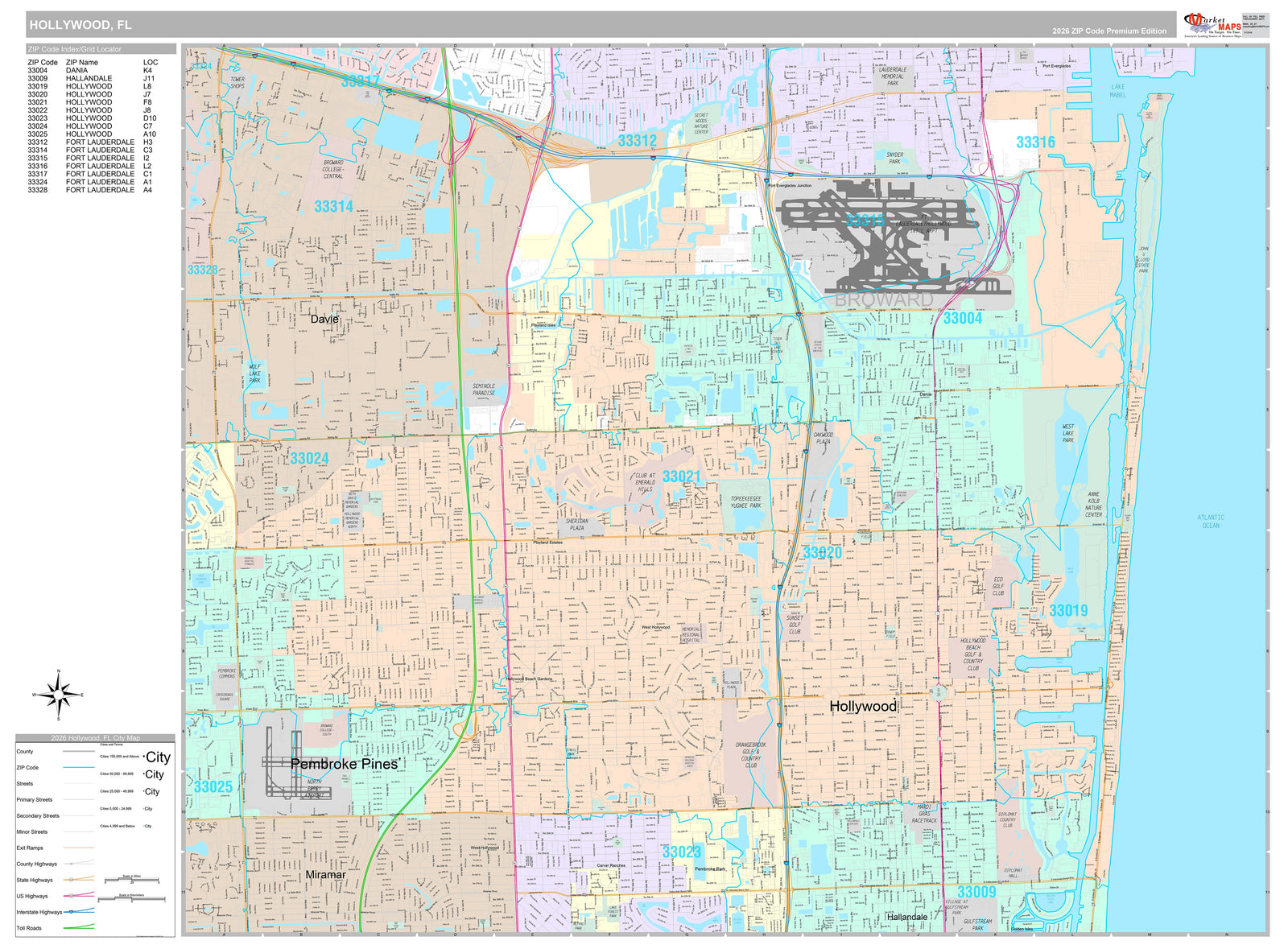 Premium Style Wall Map of Hollywood, FL