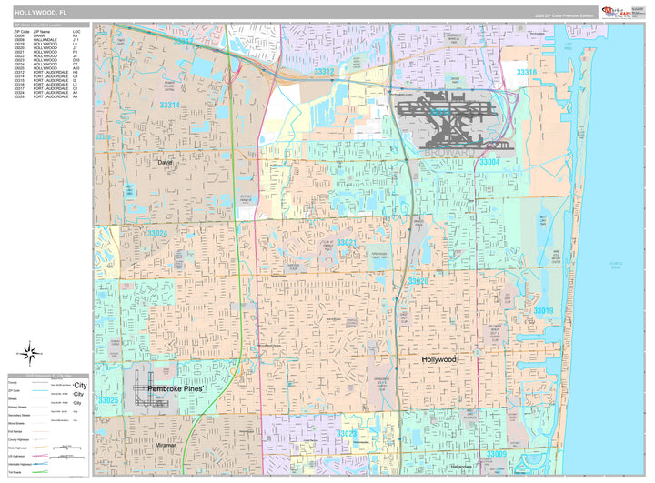 Premium Style Wall Map of Hollywood, FL