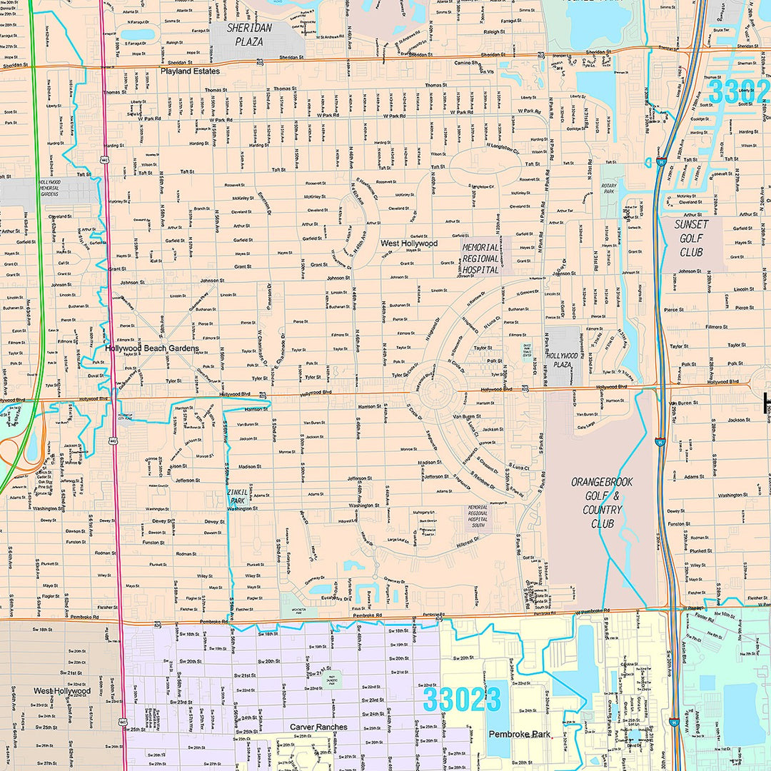 Premium Style Wall Map of Hollywood, FL