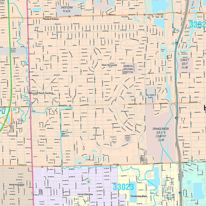 Premium Style Wall Map of Hollywood, FL