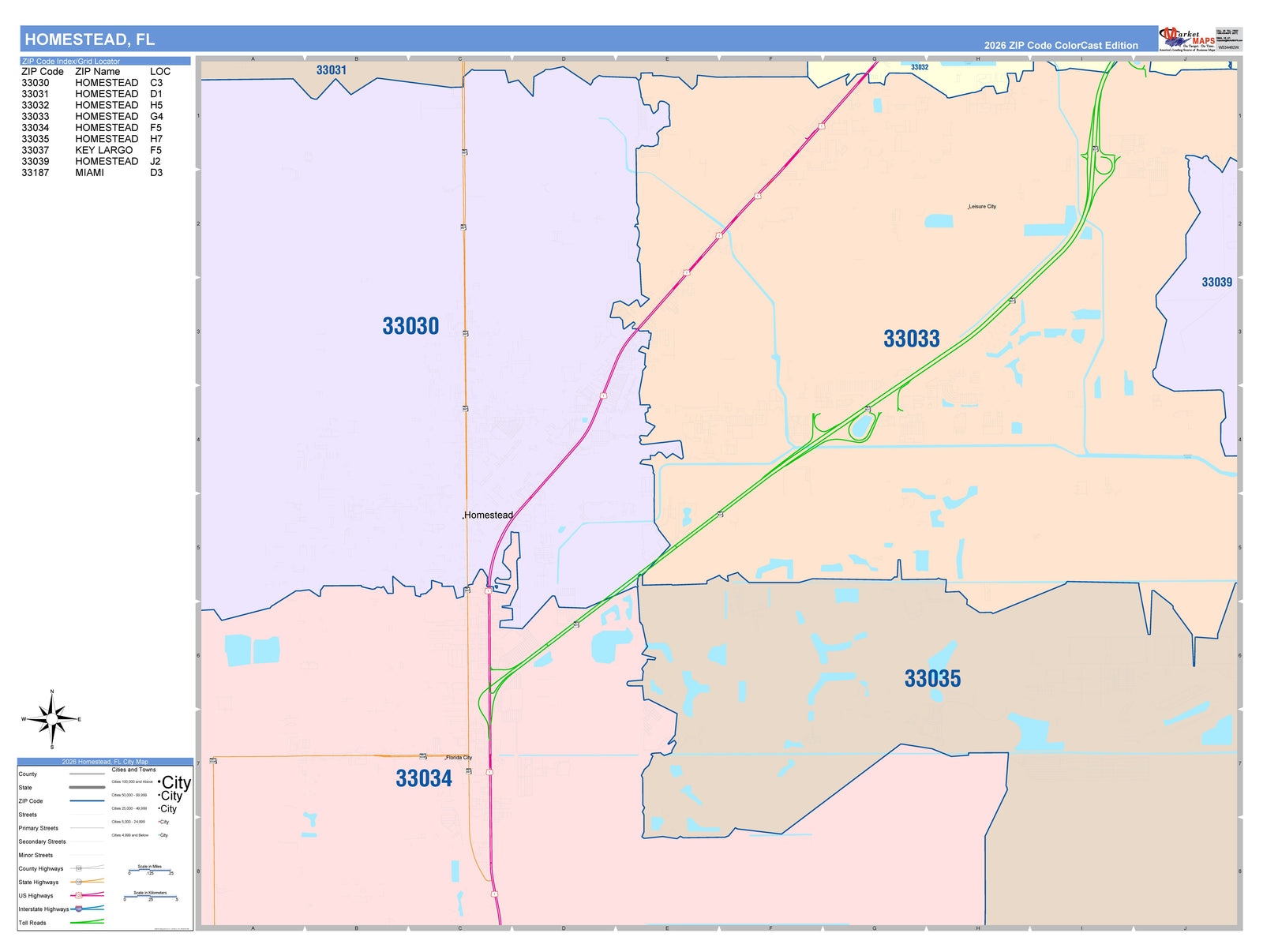 Color Cast Zip Code Style Wall Map of Homestead, FL