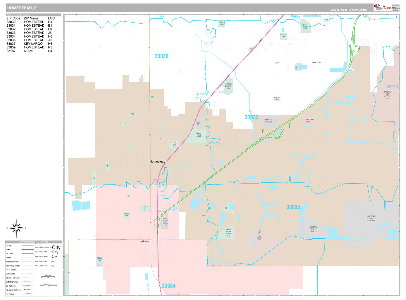 Premium Style Wall Map of Homestead, FL
