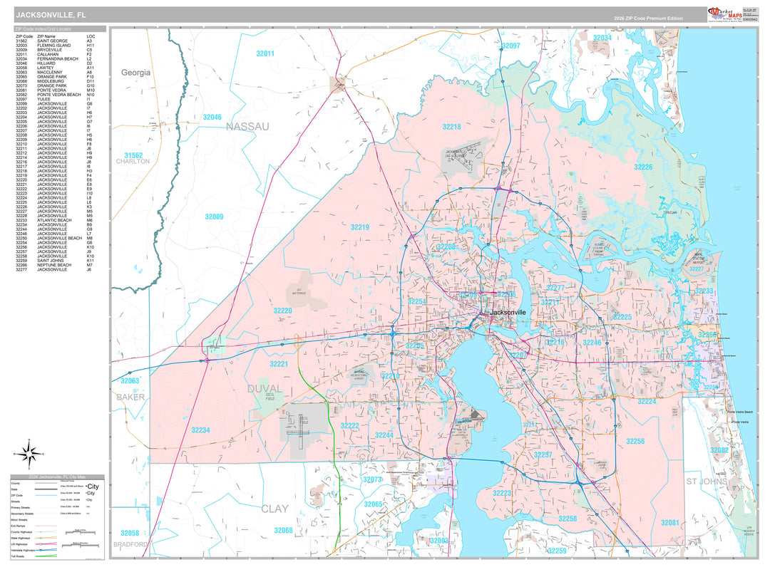 Premium Style Wall Map of Jacksonville FL.