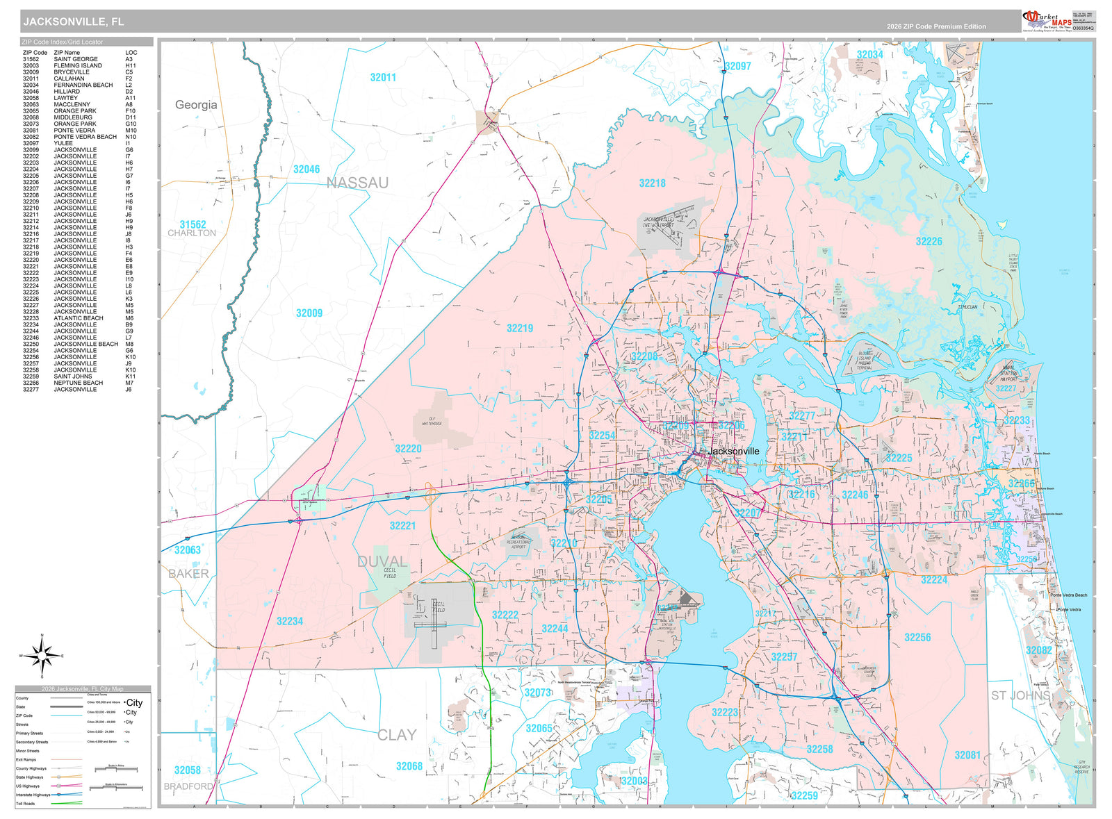 Premium Style Wall Map of Jacksonville FL.