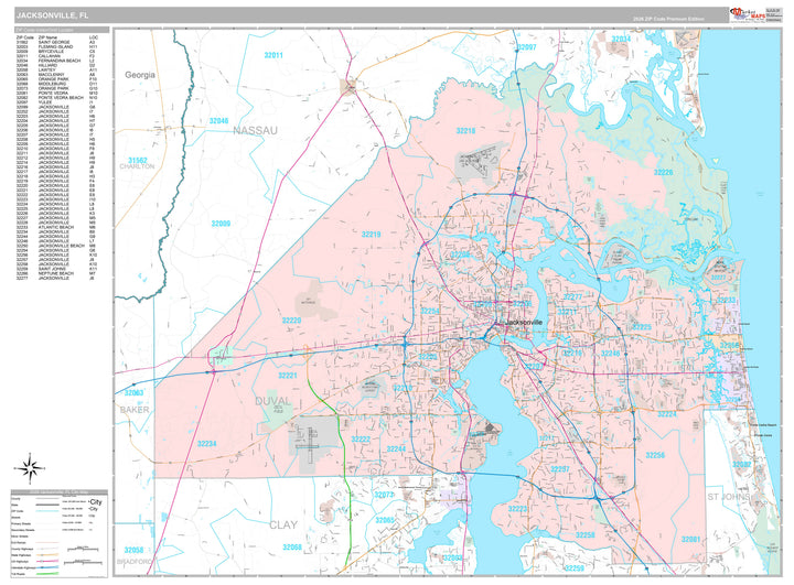 Premium Style Wall Map of Jacksonville FL.