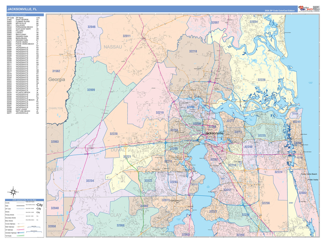 Colorcast Zip Code Style Wall Map of Jacksonville, FL. by Market