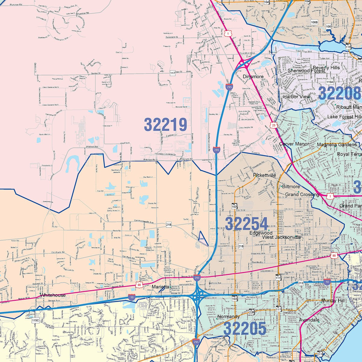 Colorcast Zip Code Style Wall Map of Jacksonville, FL – American