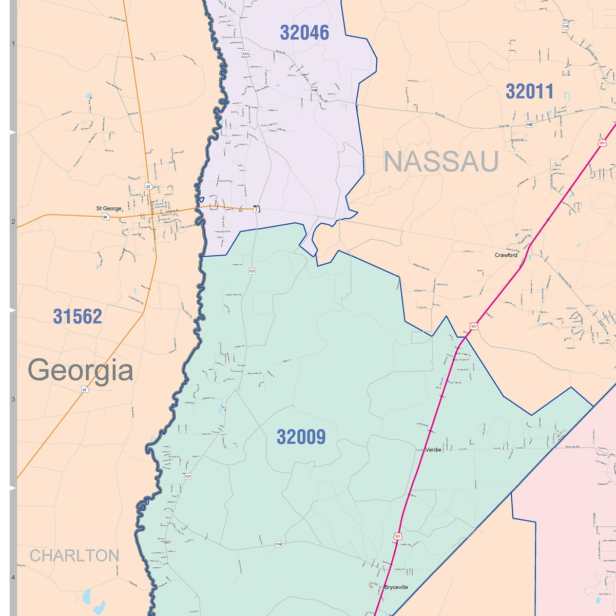 Colorcast Zip Code Style Wall Map of Jacksonville, FL – American