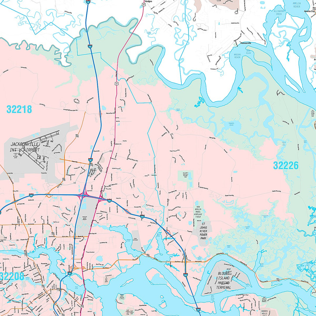 Premium Style Wall Map of Jacksonville FL.