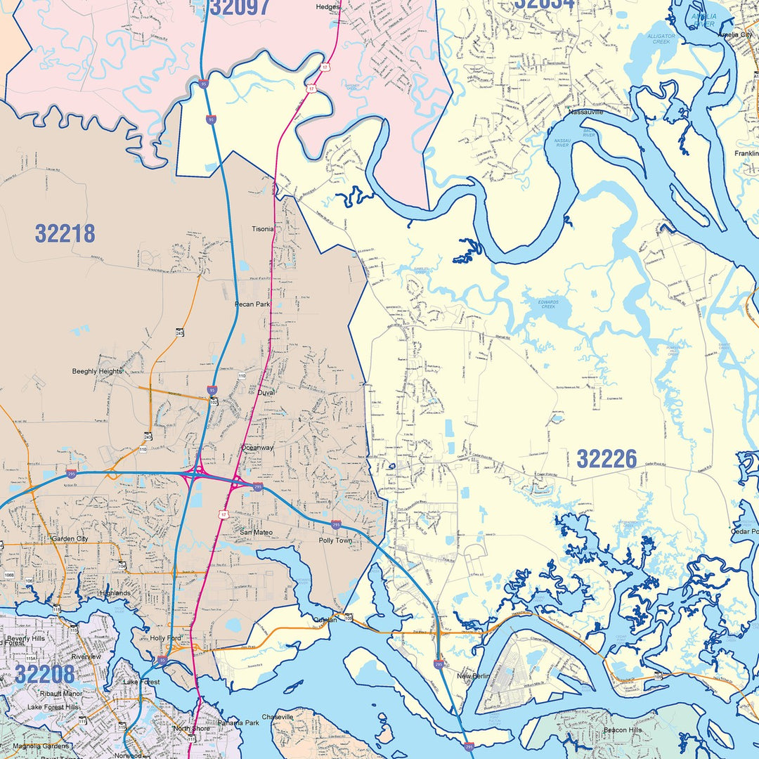 Colorcast Zip Code Style Wall Map of Jacksonville, FL – American Map Store