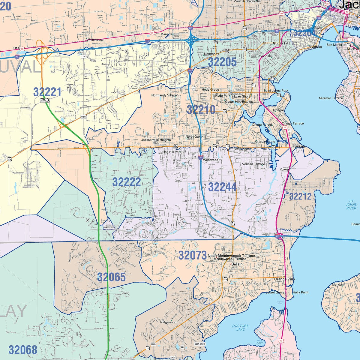 Colorcast Zip Code Style Wall Map of Jacksonville, FL – American