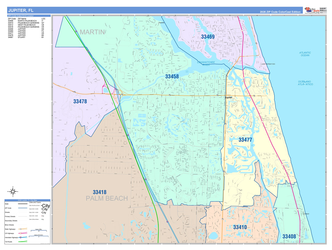 Color Cast Zip Code Style Wall Map of Jupiter, FL