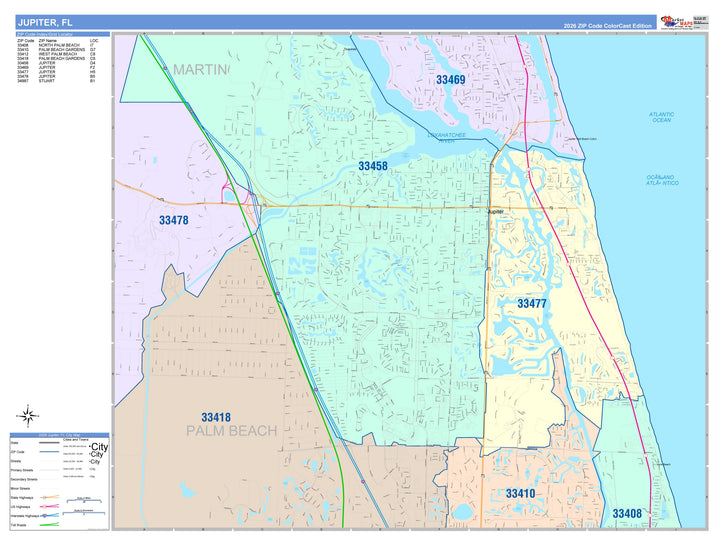 Color Cast Zip Code Style Wall Map of Jupiter, FL