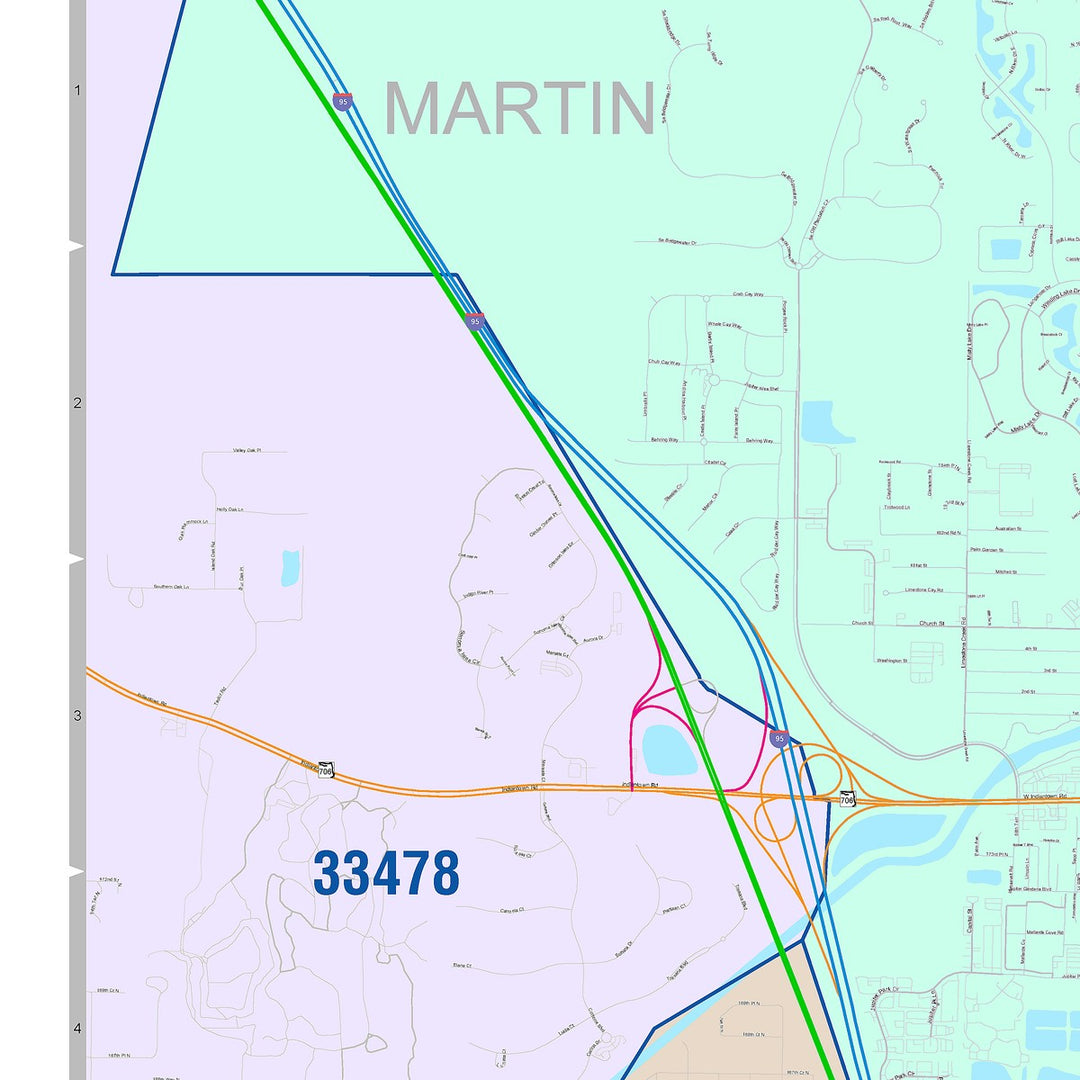 Color Cast Zip Code Style Wall Map of Jupiter, FL