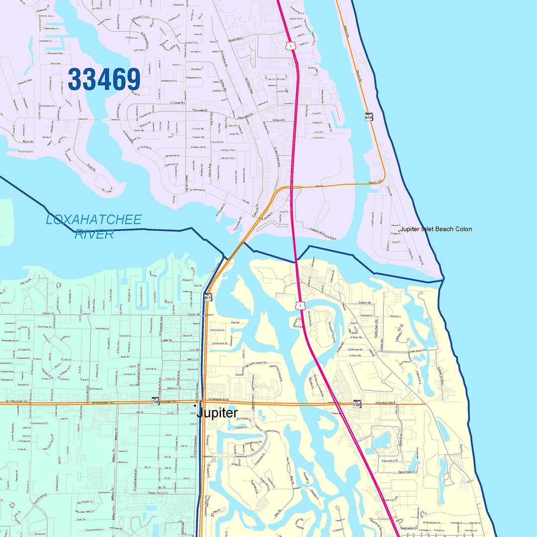 Color Cast Zip Code Style Wall Map of Jupiter, FL