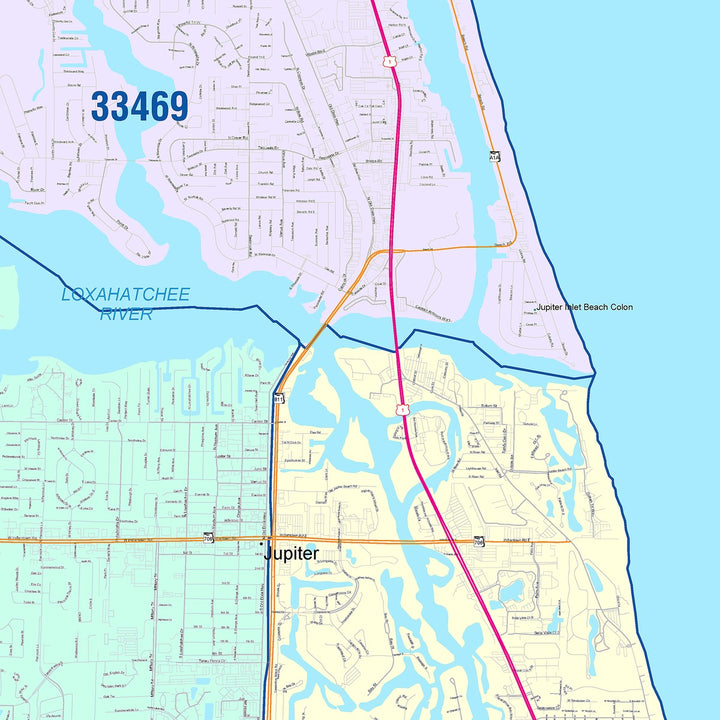Color Cast Zip Code Style Wall Map of Jupiter, FL