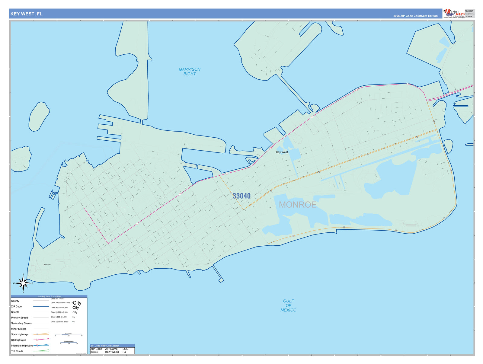 Color Cast Zip Code Style Wall Map of Key West, FL