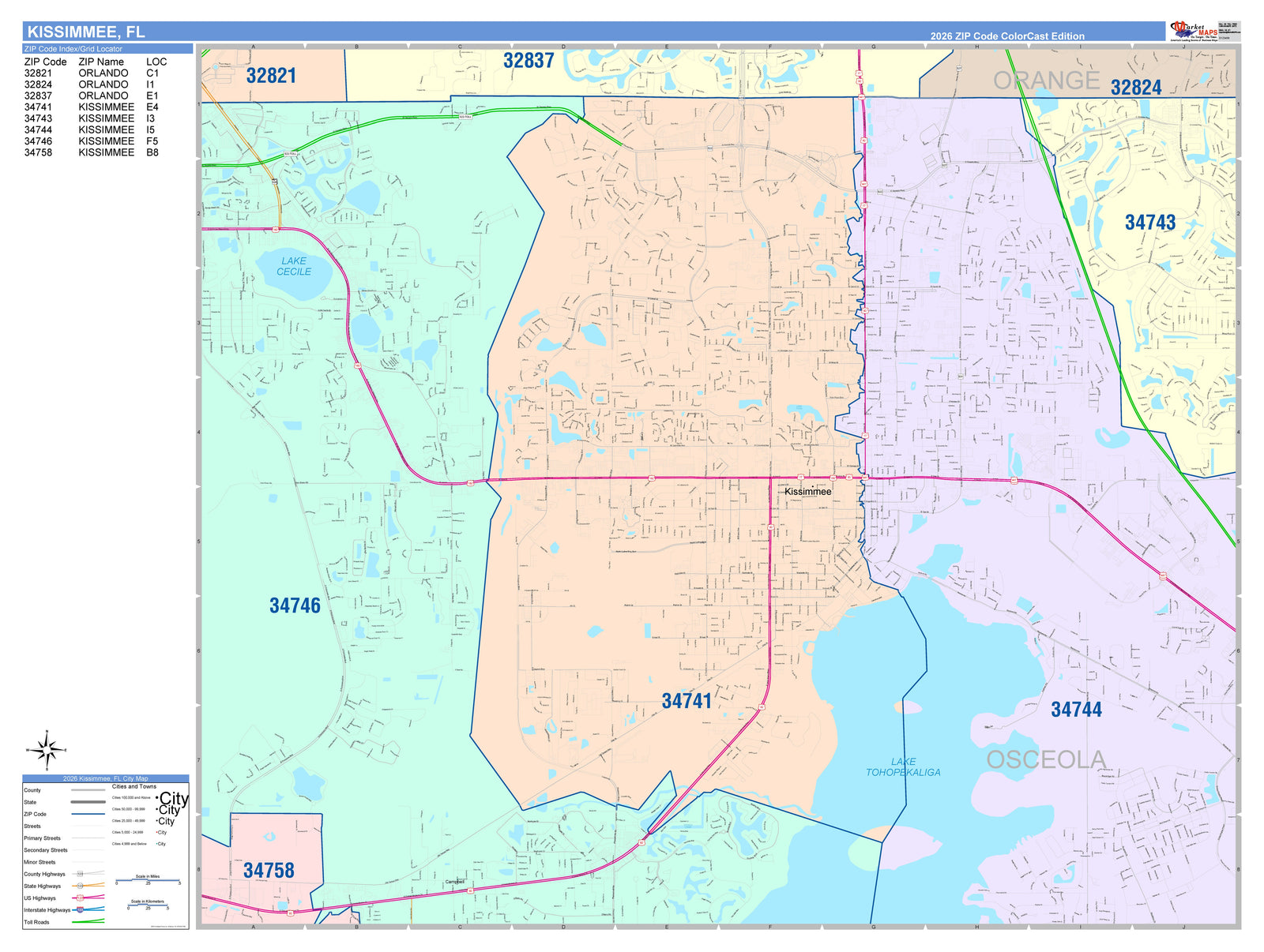 Color Cast Zip Code Style Wall Map of Kissimmee, FL