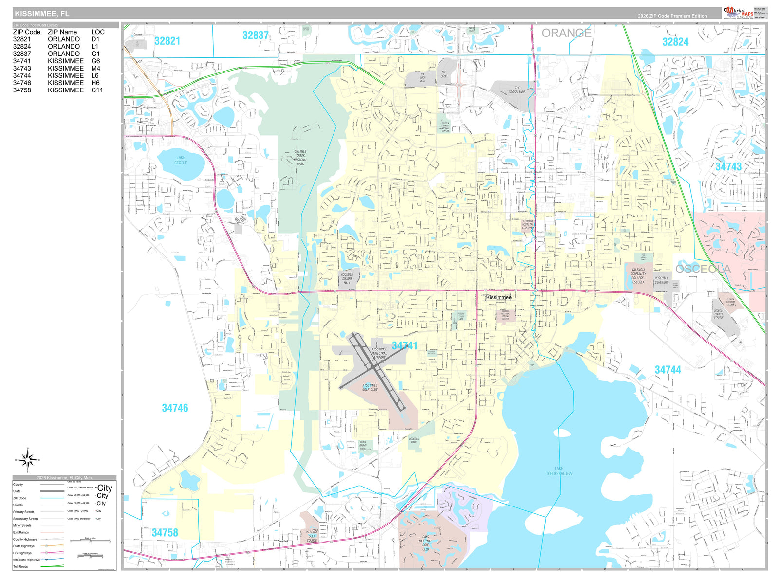 Premium Style Wall Map of Kissimmee, FL