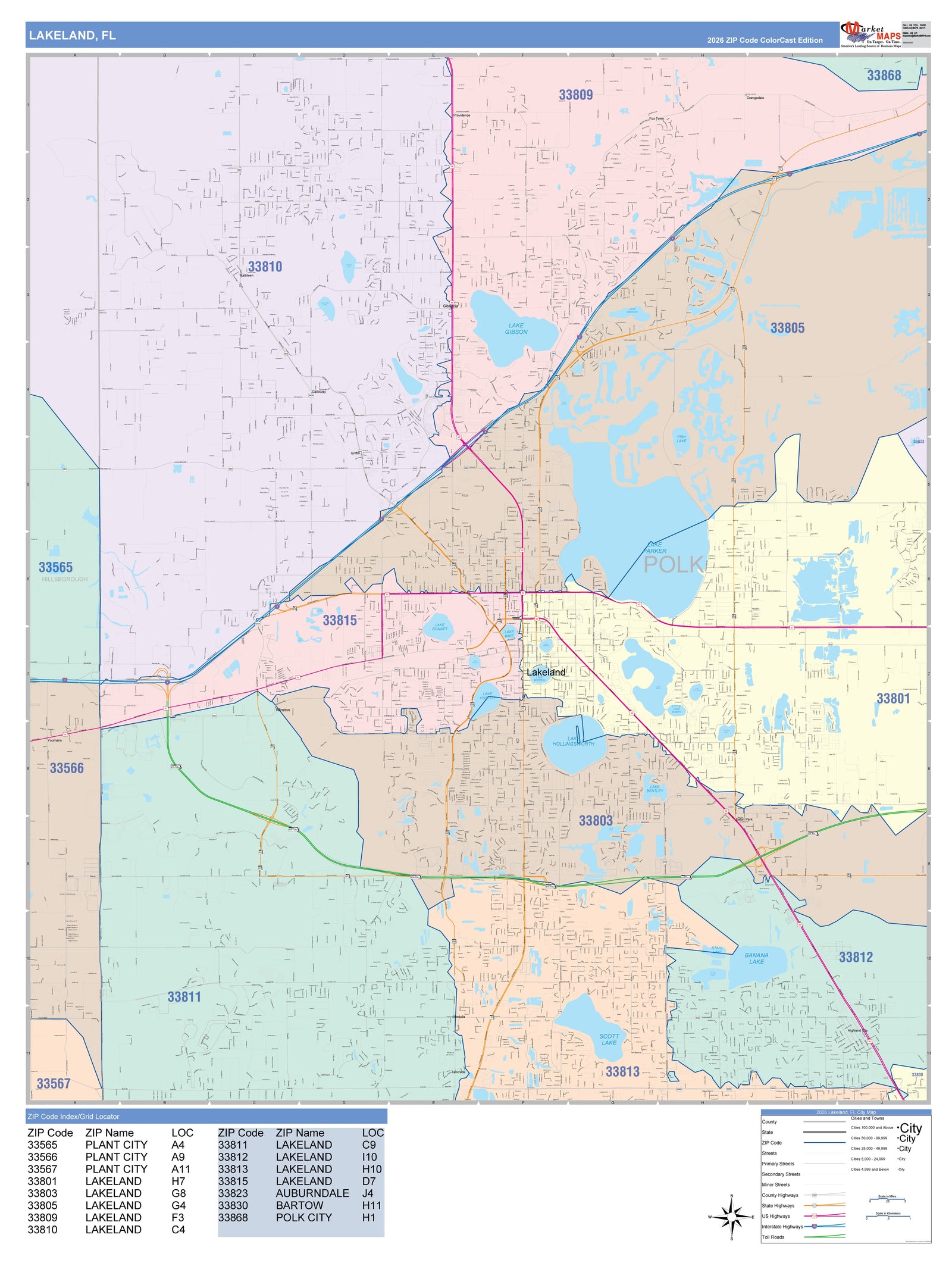 Color Cast Zip Code Style Wall Map of Lakeland, FL