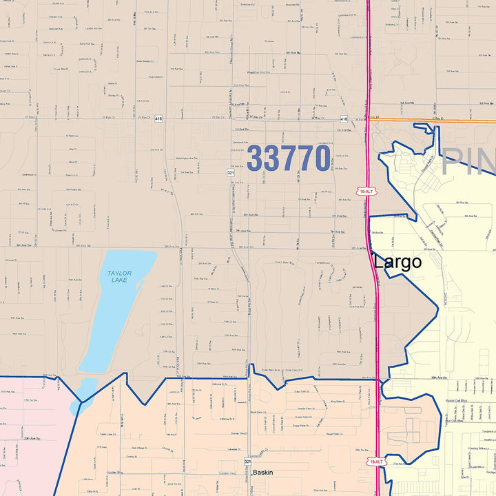 Color Cast Zip Code Style Wall Map of Largo, FL