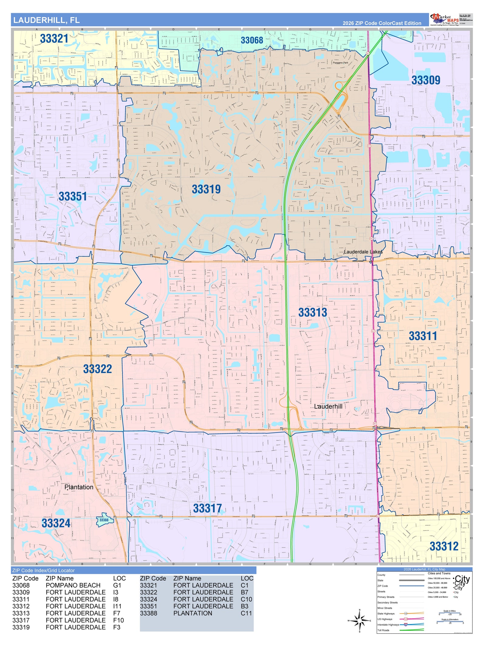 Color Cast Zip Code Style Wall Map of Lauderhill, FL