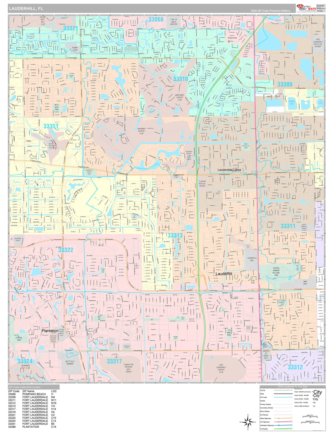 Premium Style Wall Map of Lauderhill, FL