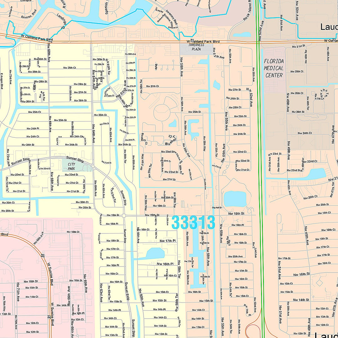 Premium Style Wall Map of Lauderhill, FL