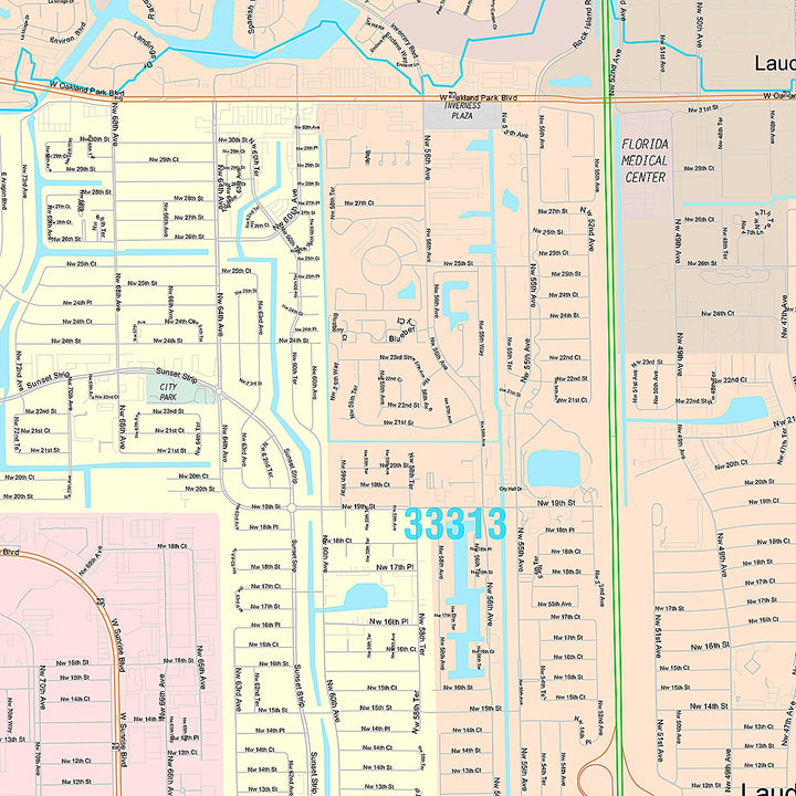 Premium Style Wall Map of Lauderhill, FL