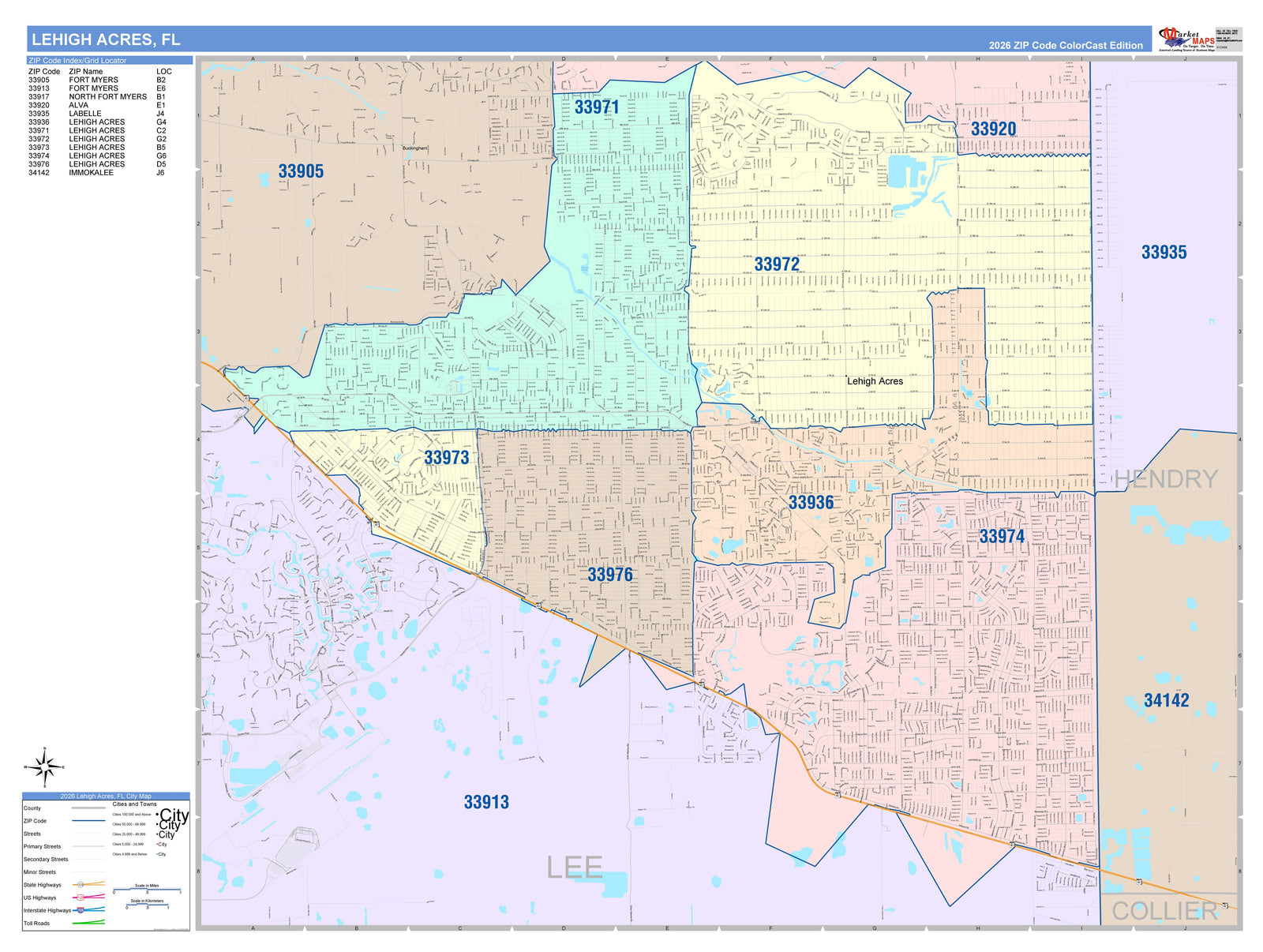 Color Cast Zip Code Style Wall Map of Lehigh Acres, FL