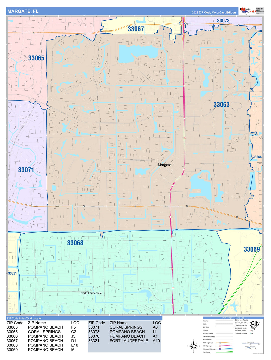 Color Cast Zip Code Style Wall Map of Margate, FL