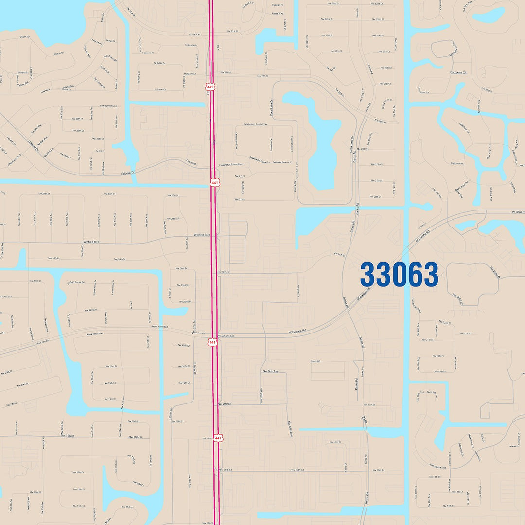 Color Cast Zip Code Style Wall Map of Margate, FL