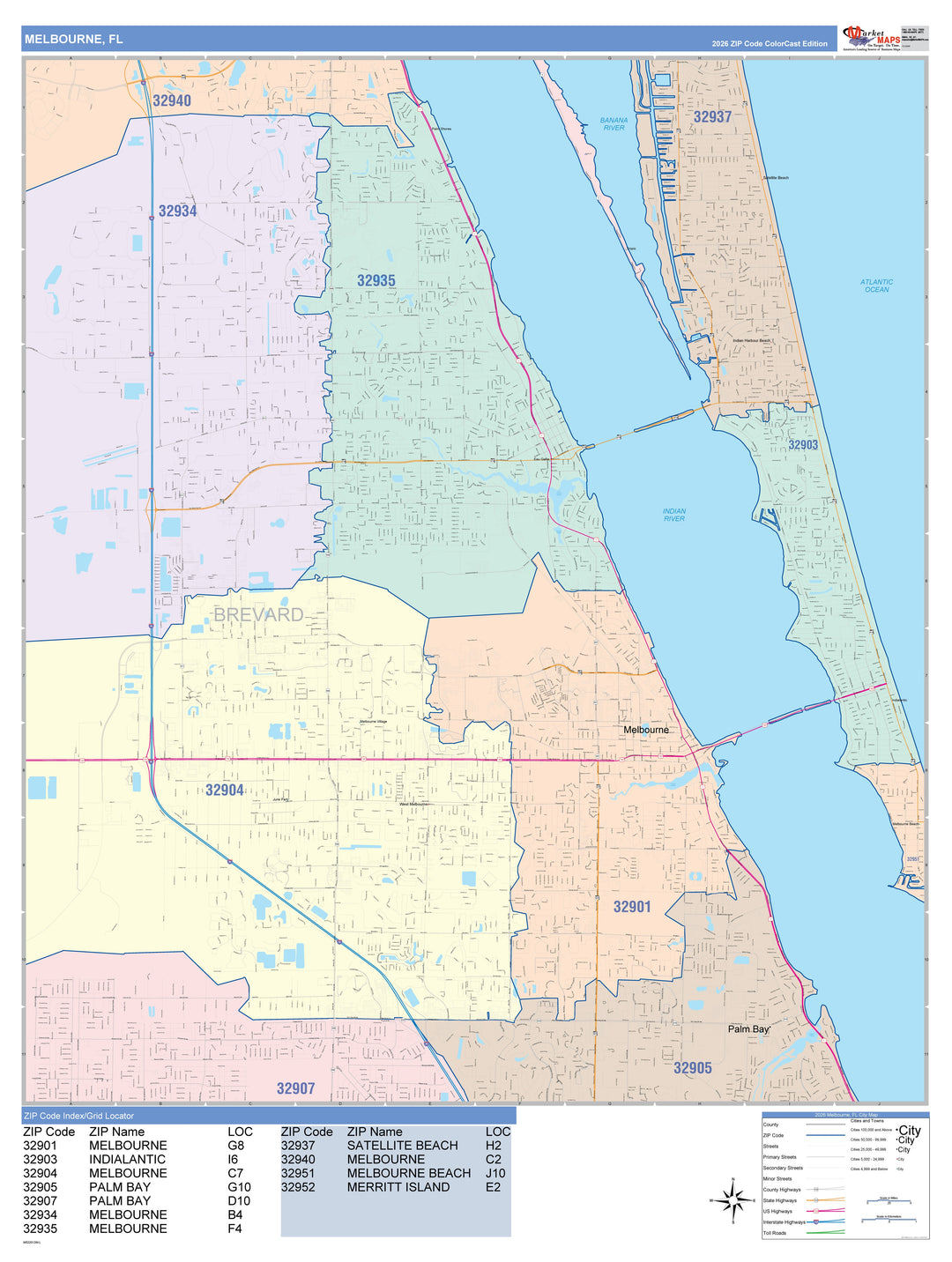 Color Cast Zip Code Style Wall Map of Melbourne, FL