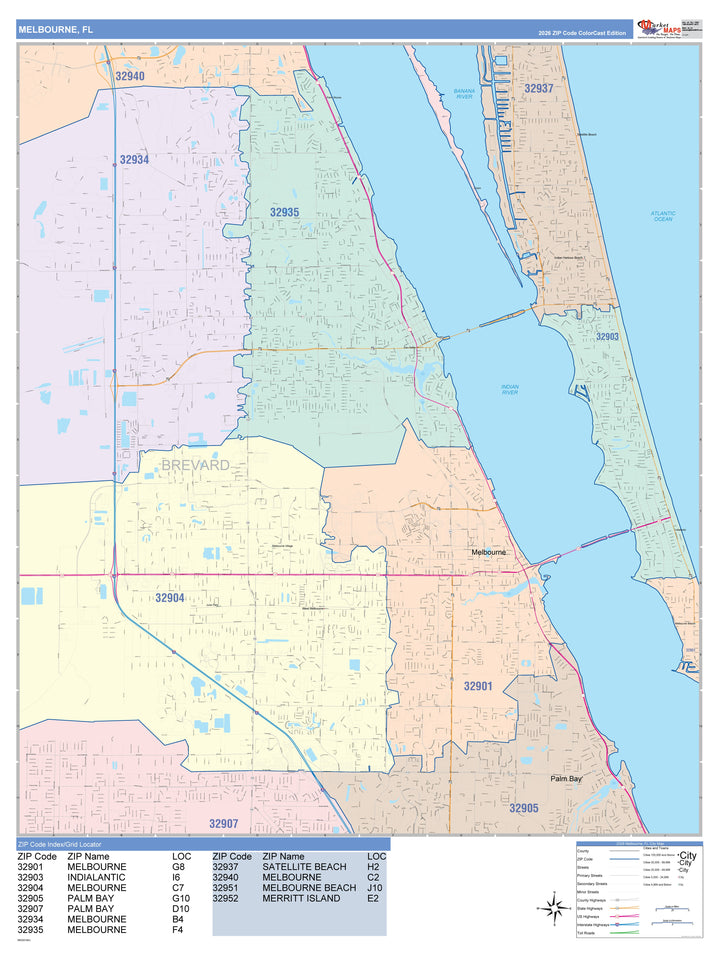 Color Cast Zip Code Style Wall Map of Melbourne, FL