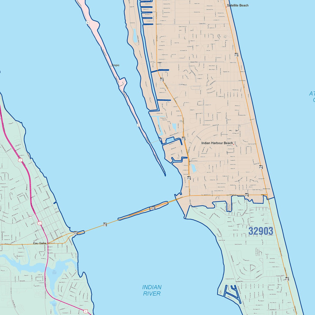 Color Cast Zip Code Style Wall Map of Melbourne, FL