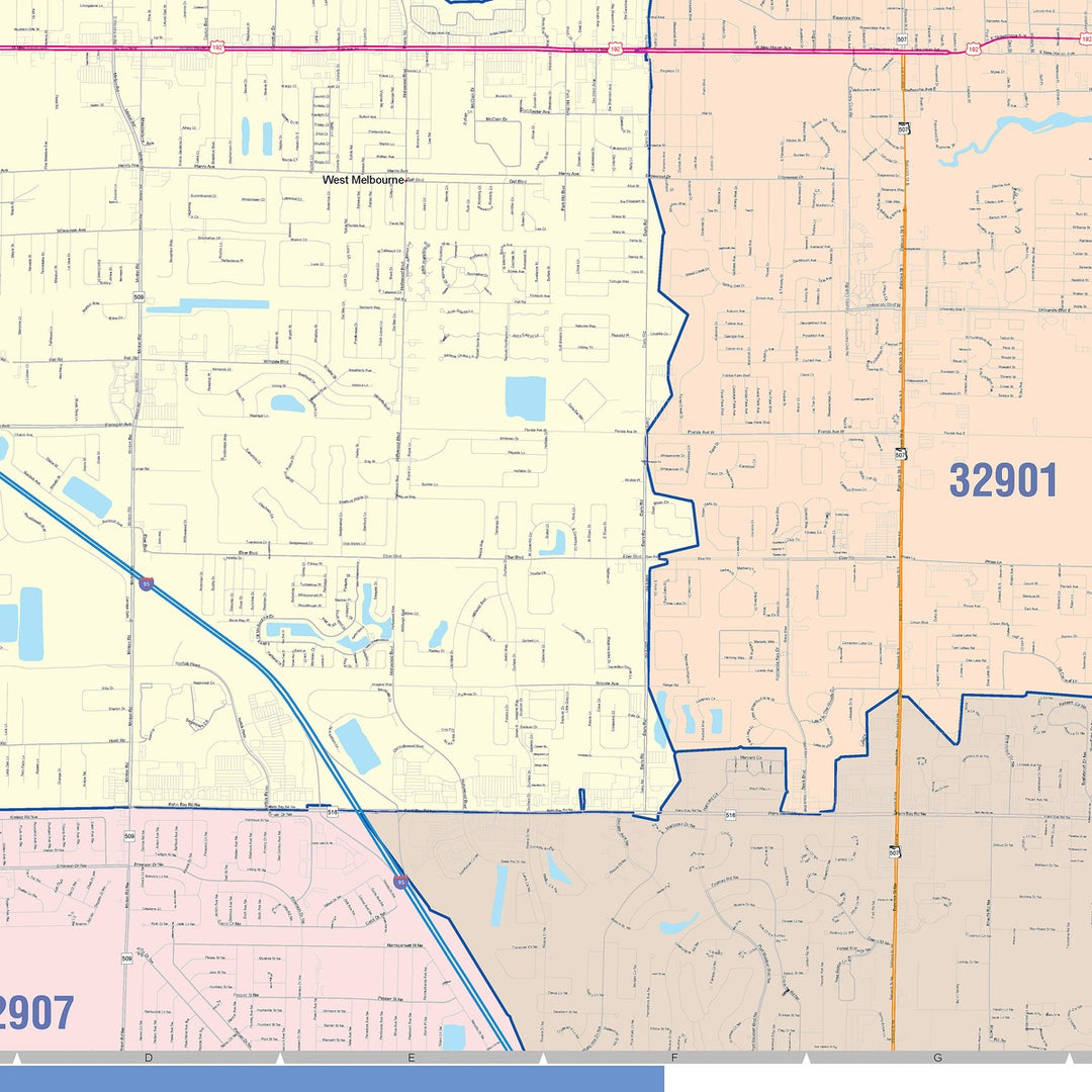 Color Cast Zip Code Style Wall Map of Melbourne, FL