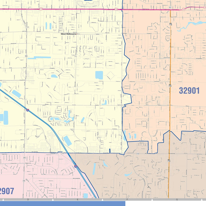 Color Cast Zip Code Style Wall Map of Melbourne, FL