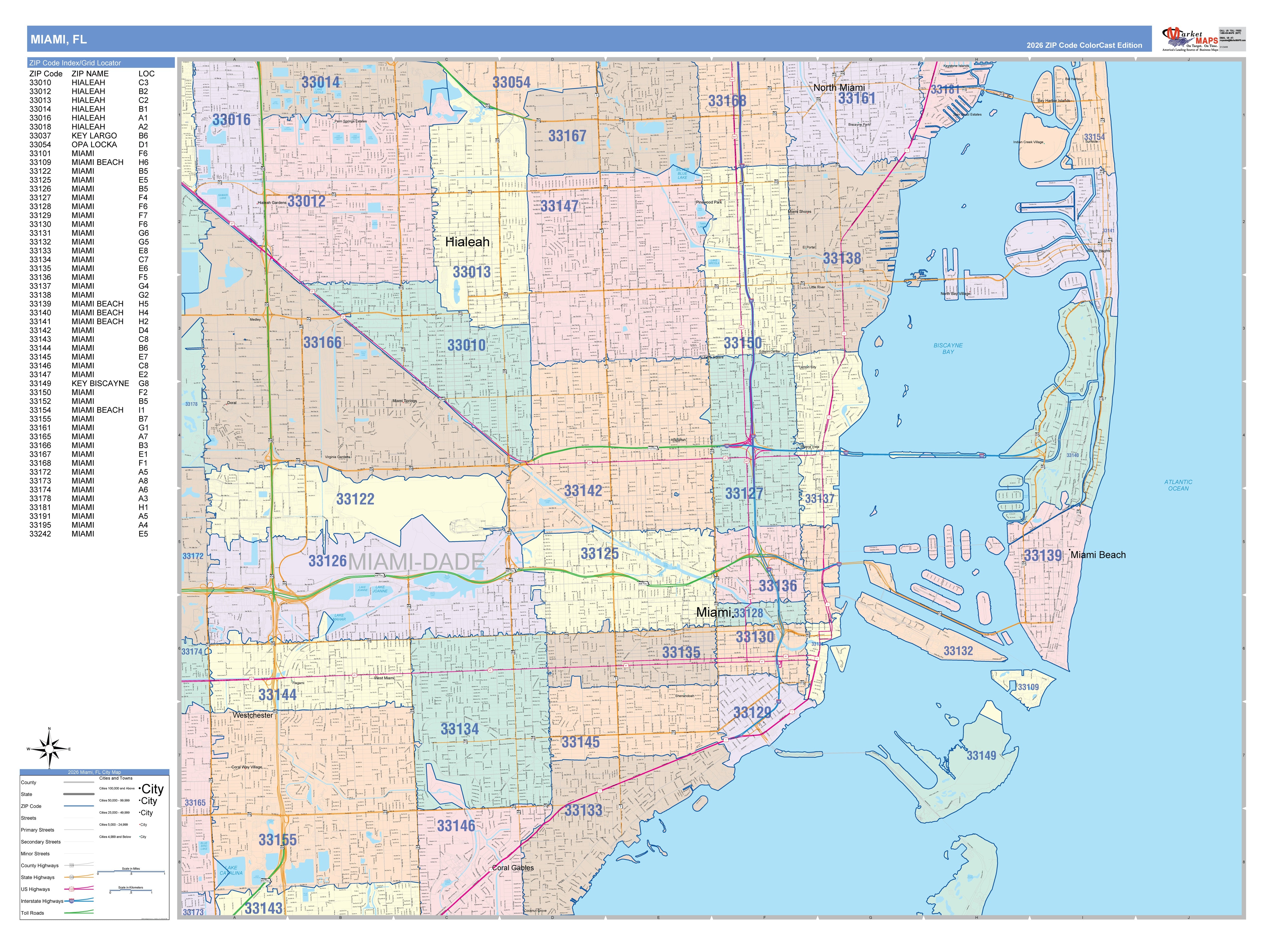 Miami Code Color Cast Zip Code Style Wall Map of Miami, FL – American Map Store