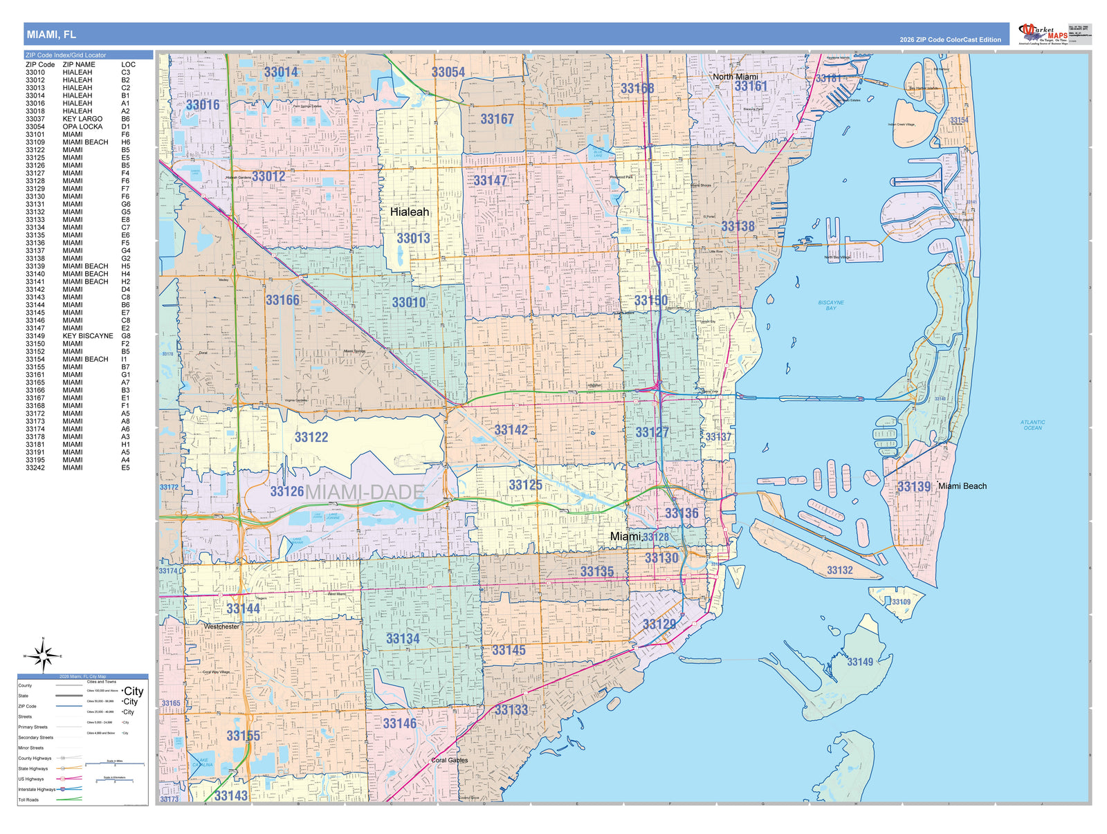 Color Cast Zip Code Style Wall Map of Miami, FL