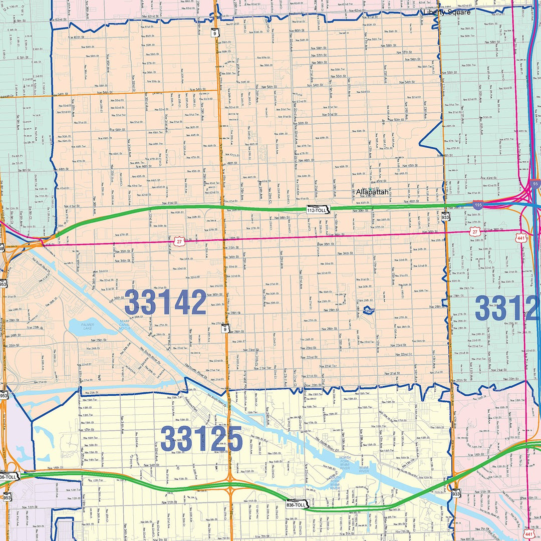33175 Map Color Cast Zip Code Style Wall Map of Miami, FL – American Map Store