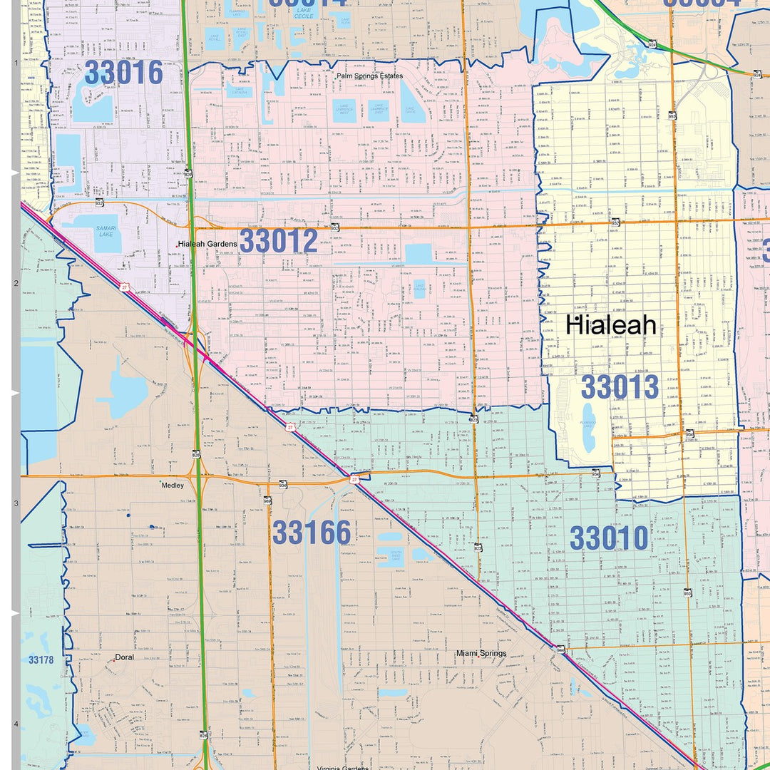 33175 Map Color Cast Zip Code Style Wall Map of Miami, FL – American Map Store