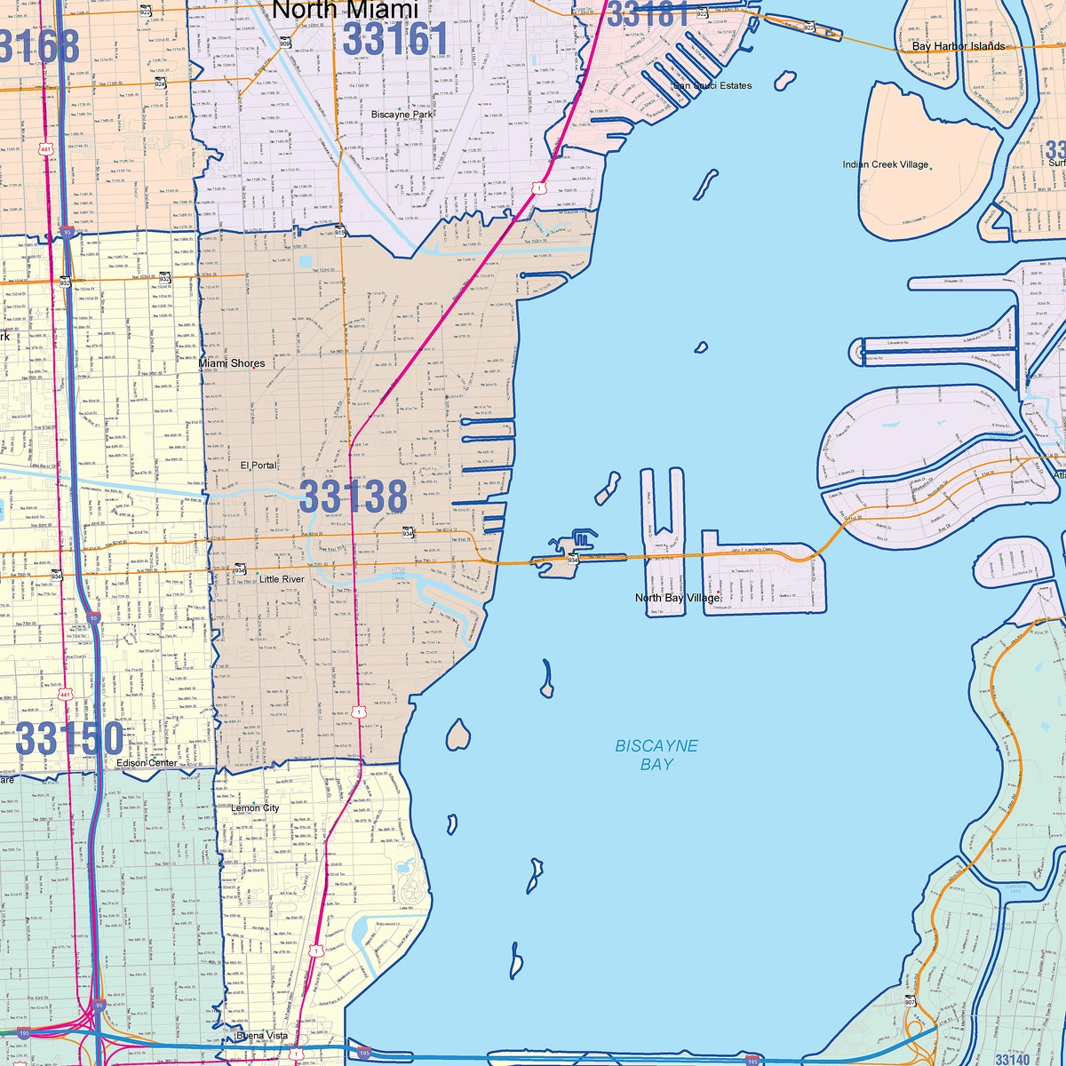 33175 Map Color Cast Zip Code Style Wall Map of Miami, FL – American Map Store
