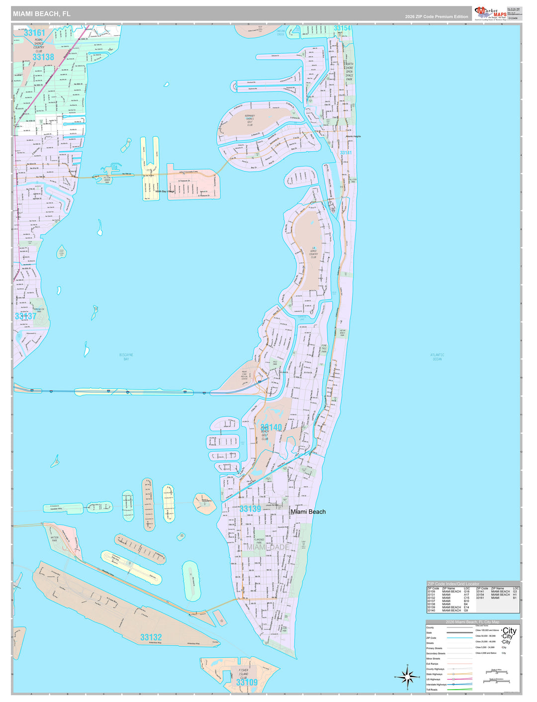 Premium Style Wall Map of Miami Beach FL.