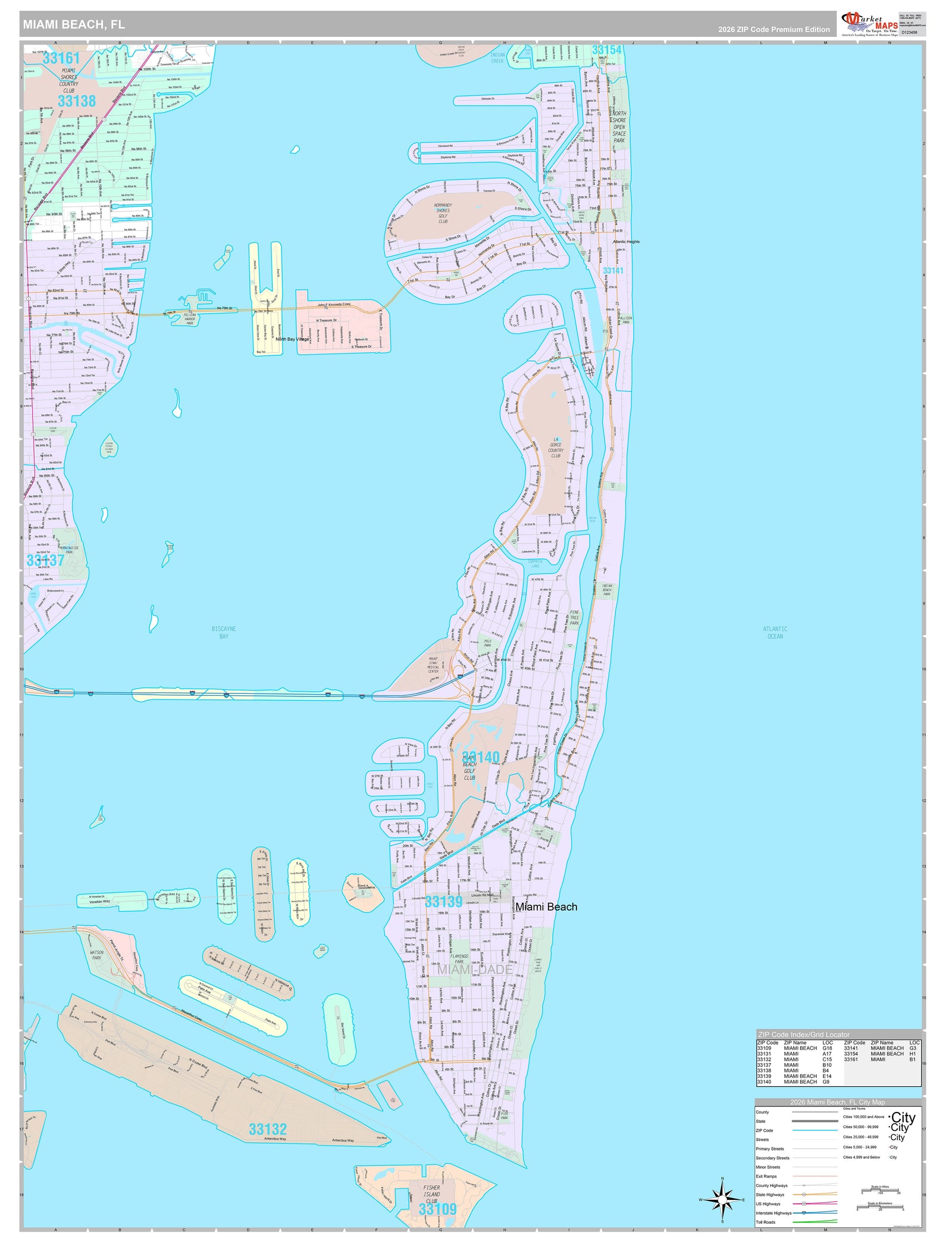 Premium Style Wall Map of Miami Beach FL.